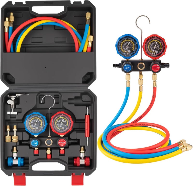AJulyBee 3-Way Manifold Gauge Set, Automotive AC Recharge Kit for R134A/R410A/R1234YF/R22/R404A, Refrigerant Charging Tool for Car Freon Charging & Evacuation - Image 1